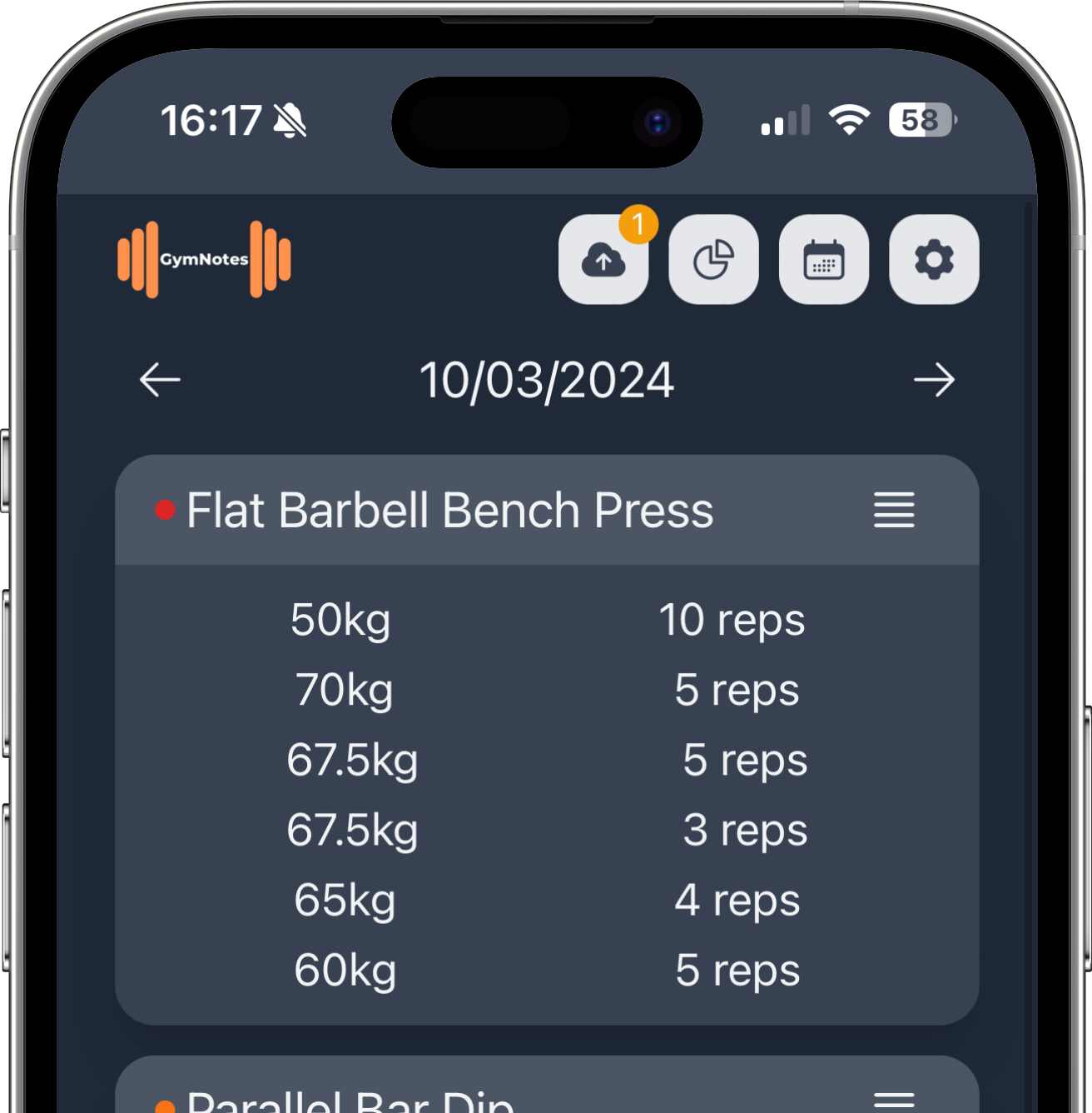 An iPhone with a screenshot of a GymNotes workout